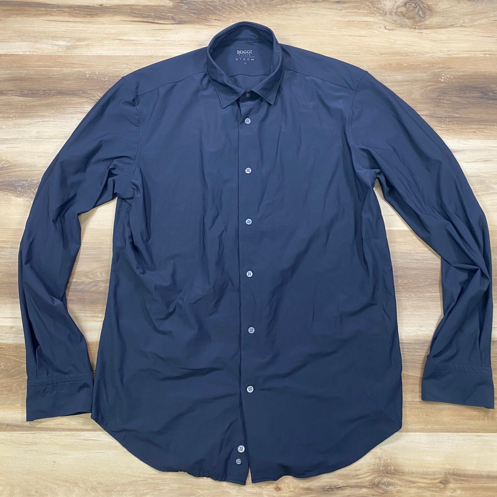 Boggi Milano B-Tech Shirt XL Performance Stretch Long Sleeve Navy Blue Button Up